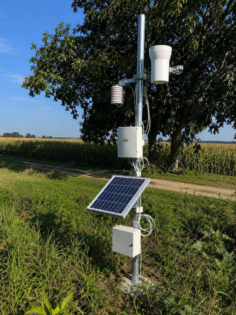 Estacion de monitoreo agricola con panel solar, protector de radiacion y pluviometro junto a un cultivo de maiz